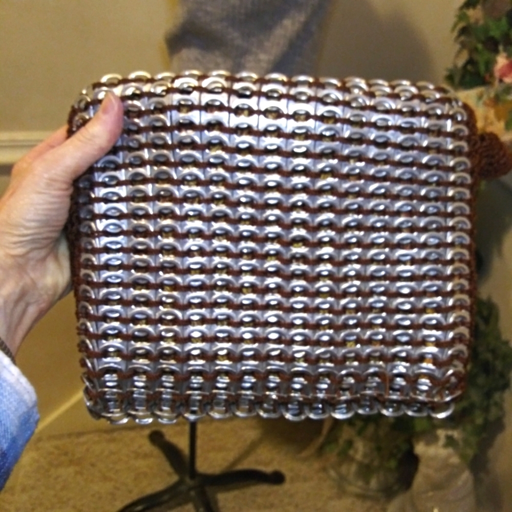 Boho One-Of-A-Kind Handmade Silver Soda Tab Trimmed Brown Crocheted Shoulder Bag - Picture 7 of 12